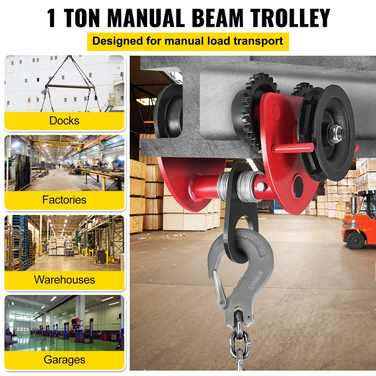 1/2 T Push Beam Trolley 2200/4400 lbs Gear Manual Hand Push Beam Heavy Duty Running Cat Hoist Lifting Kit Chain Conveyor