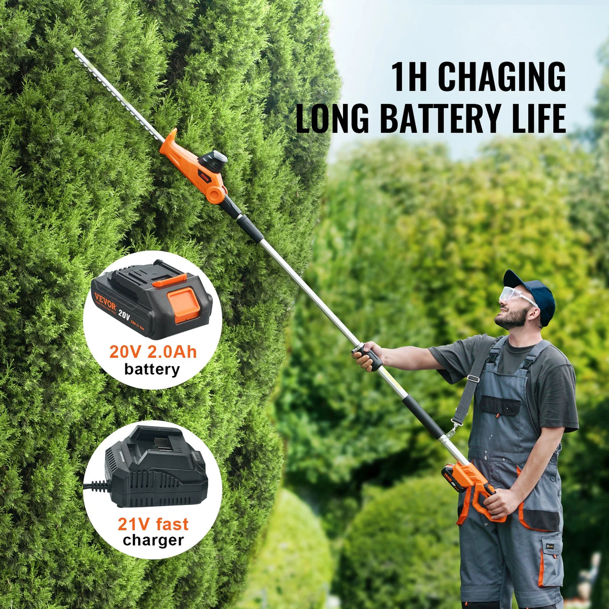 Cordless Hedge Trimmer 18in Hedge Trimmer Kit  W/Double-edged Steel Blade Pole 74"-94" Telescoping Pole for High Branches