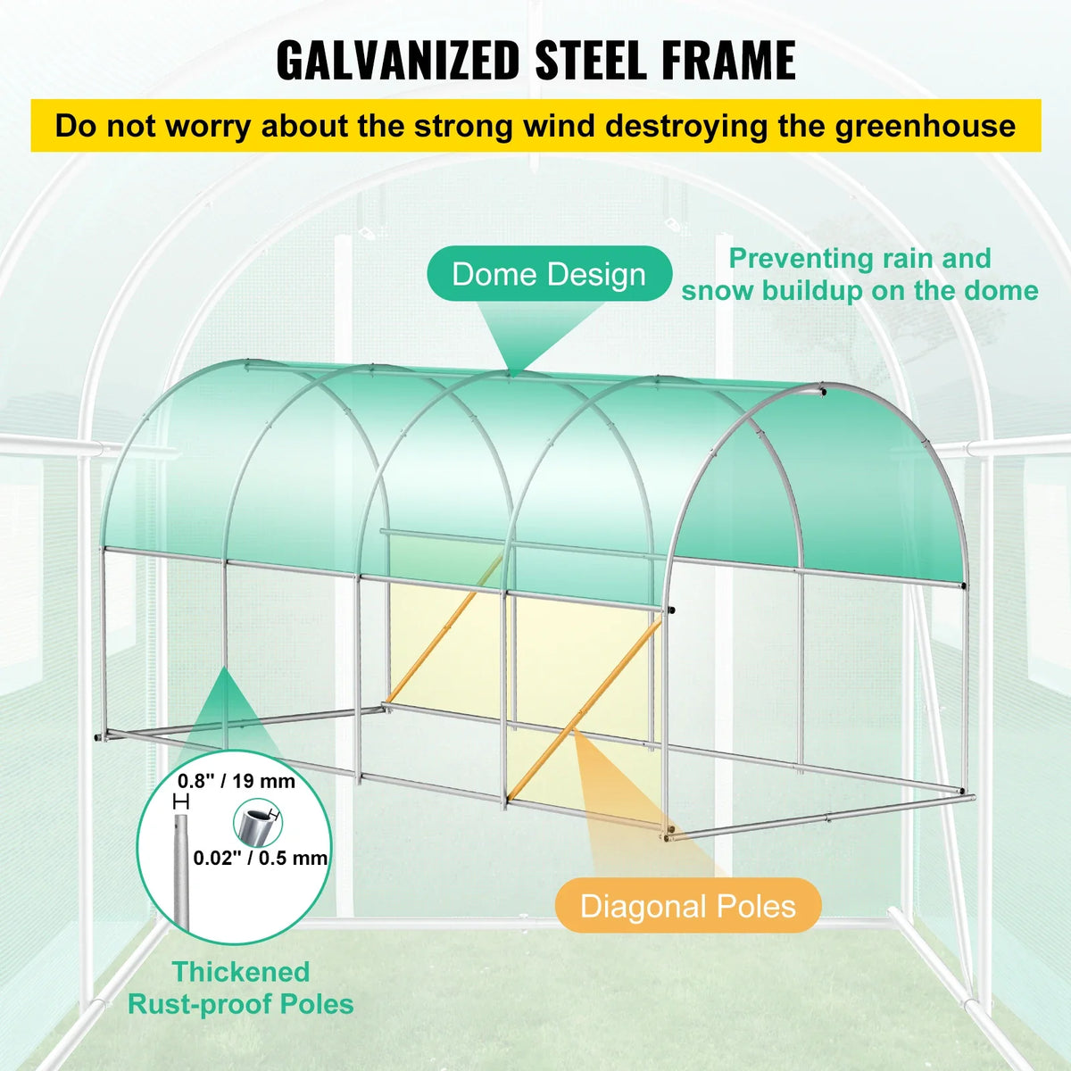 Walk-in Tunnel Greenhouse, 15 x 6.5 x 7 ft Portable Plant Hot House with Galvanized Steel Hoops, 1 Top Beam,Diagonal Poles
