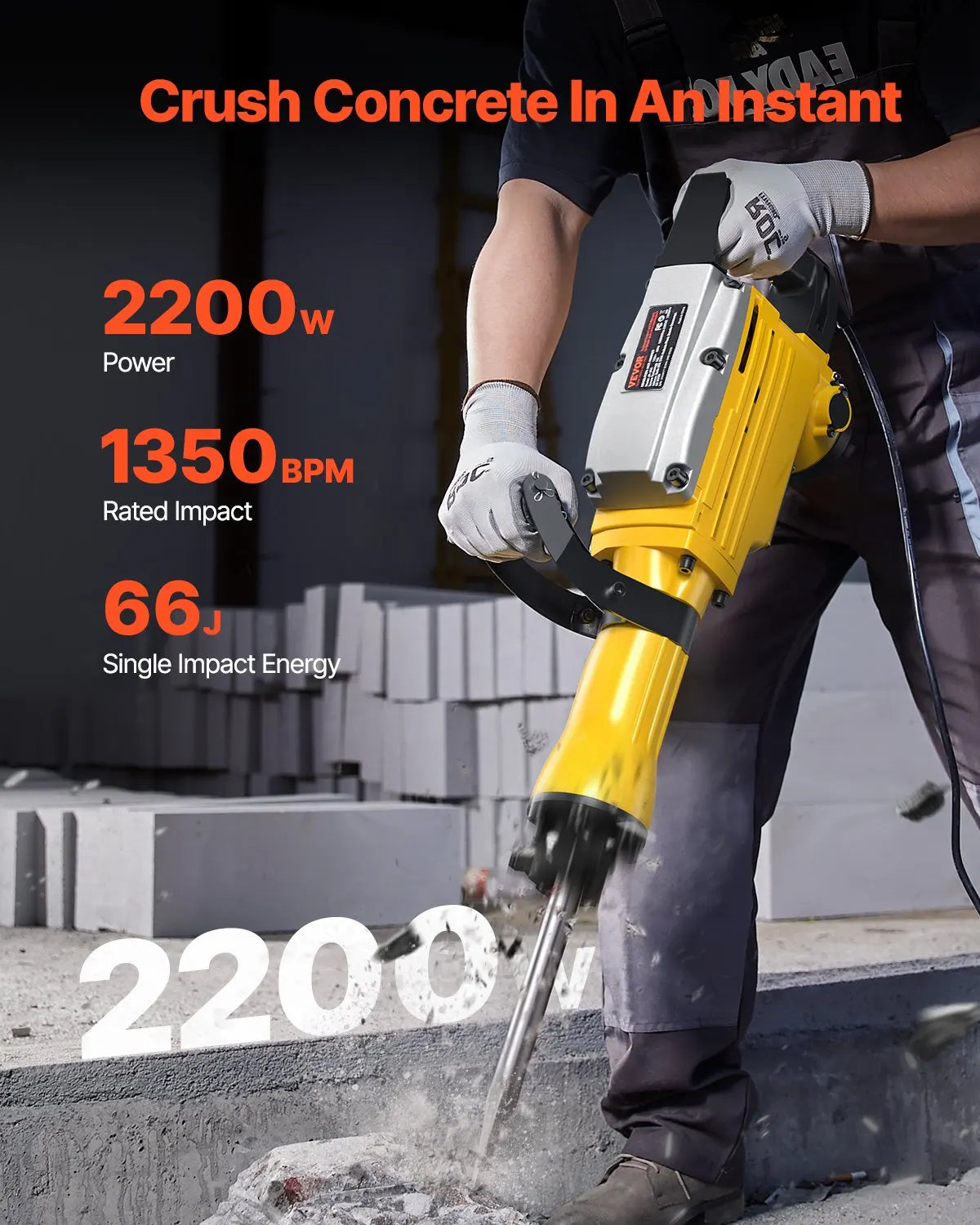 Demolition Jack Hammer 2200W 1350 BPM Jack Hammer Concrete Breaker, Electric Jack Hammer with 2/4pcs Chisels Bit, Yellow