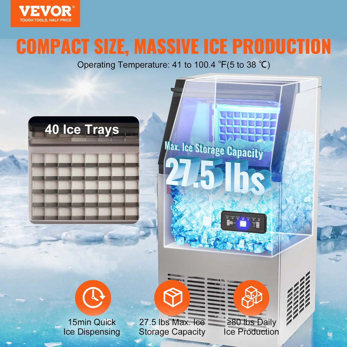 Commercial Ice Maker, 80lbs/24H, 40 Ice Cubes in 12-15 Minutes, Freestanding Cabinet Ice Maker w/ 27.5lbs Storage Capacity