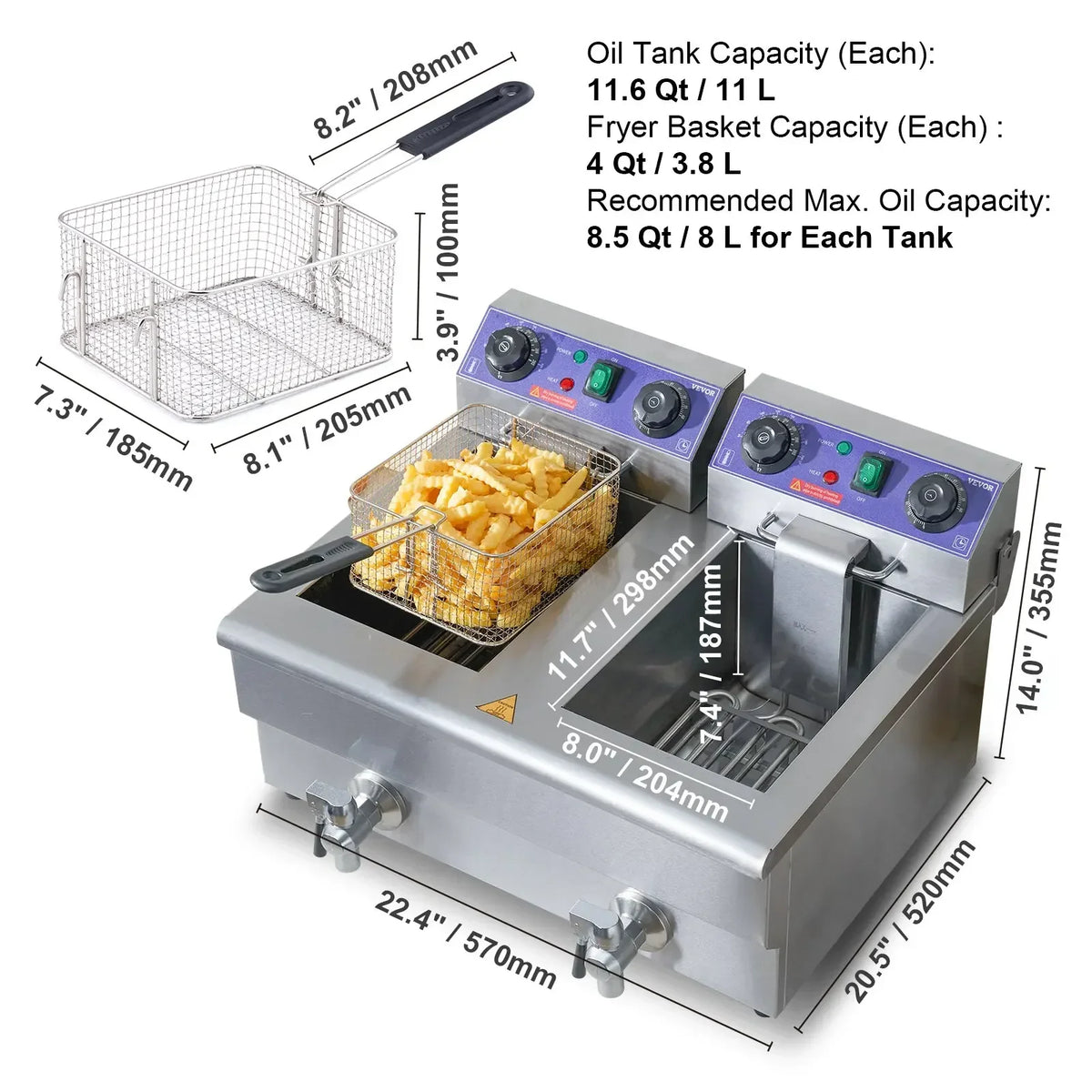 Commercial Electric Deep Fryer w/Dual Tanks 12L Countertop Fryer w/Oil Filter and Timed for Fried Chicken French Frie
