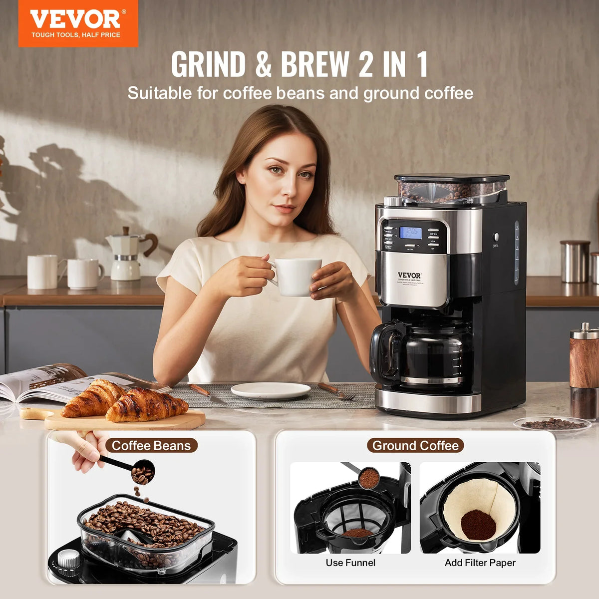 Coffee Maker with Grinder, 12 Cup Grind and Brew Coffee Maker with 3 Brew Strength Control, 24-Hour Timer for Auto Brew