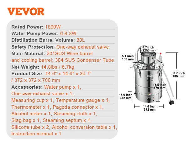 Alcohol Still, 30L 50L Water Alcohol Distiller, Home Distillery Kit w/ Stainless Steel Tube & Pump & One-way Exhaust Valve