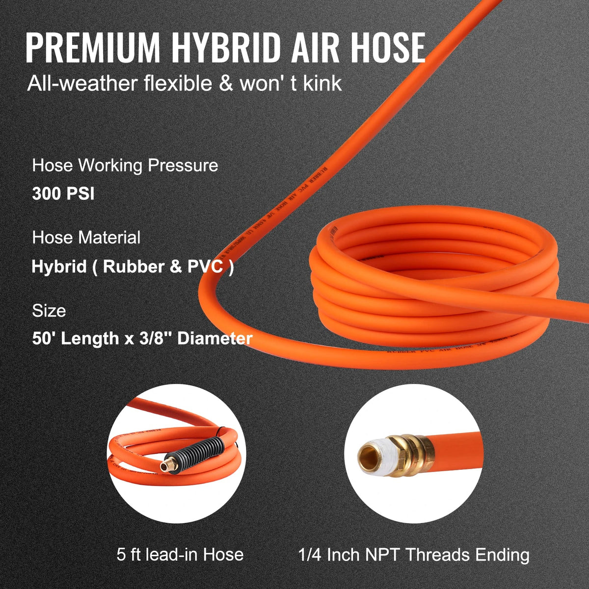 Retractable Air Hose Reel,3/8IN x 50Ft Hybrid Air Hose 300PSI,Air Compressor Hose Reel w/5 ft Lead in,Ceiling/Wall Mount
