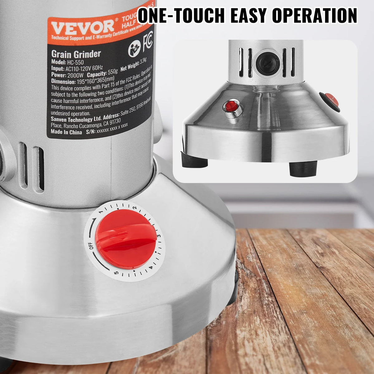 550g Electric Grain Mill Grinder, High Speed 2000W Commercial Spice Grinders, Stainless Steel Pulverizer Powder Machine