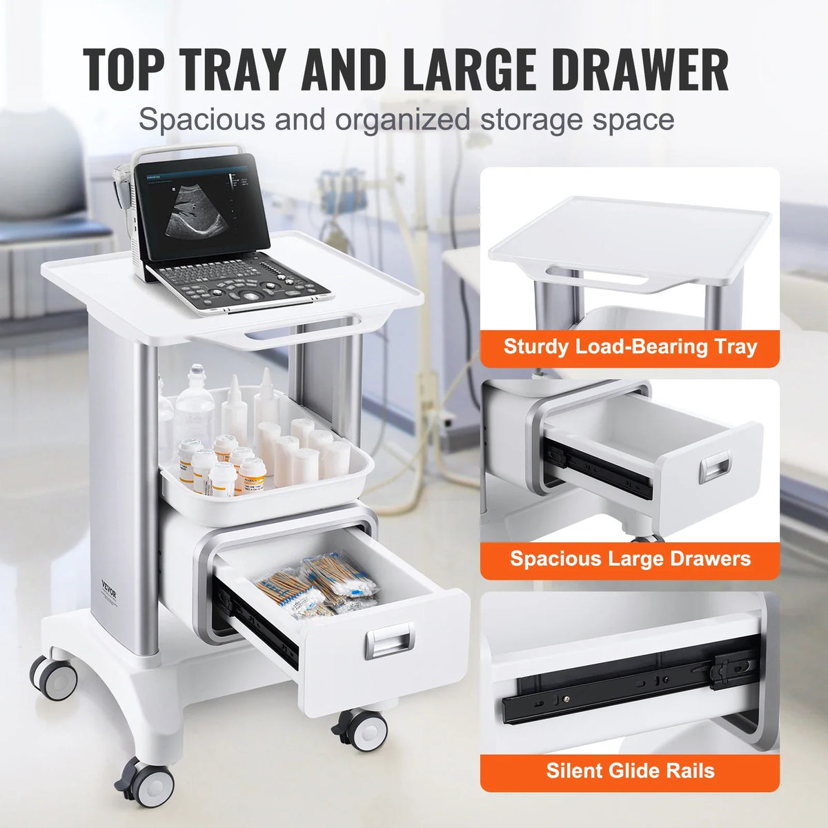 2 Tiers Lab Carts Lab Utility Cart Mobile Medical with ABS Material Lab Rolling Cart for Lab Clinic Hospital Salon