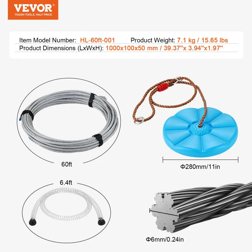 60/80/100/120 FT Zipline Kit Up to 500 lbs Backyard Outdoor Playground Entertainment Stainless Steel Safety Harness Seat