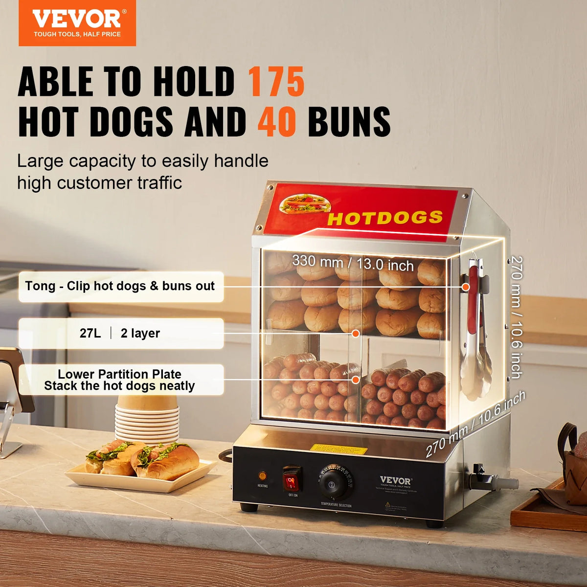 Hot Dog Steamer, 28.5QT, 2-Tier Hot Dog Hut Steamer,86℉~185℉ Temp Control,Electric Bun Warmer w/Tempered Glass Slide Doors