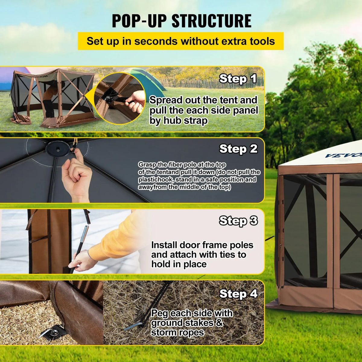 10x10/12x12FT Family Camping Tent - Canopy Screen Shelter with UV50+ Sun Protection Steel Frame Waterproof for 6 People