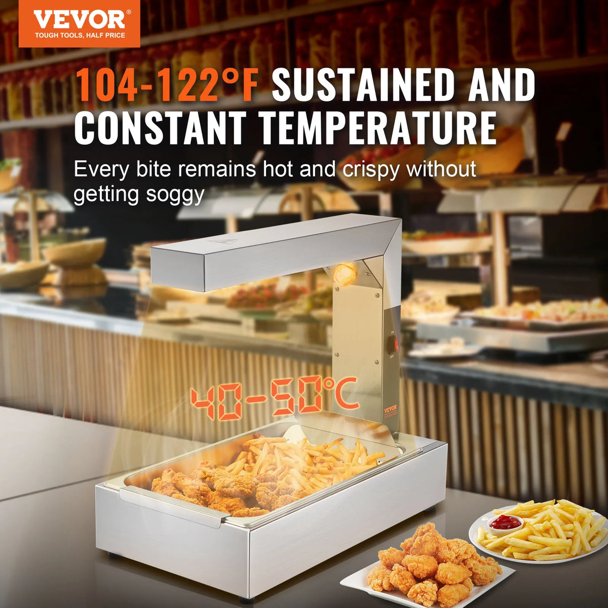 French Fry Food Warmer, 750W Commercial Food Heating Lamp, Electric Stainless Steel Warming Light Dump Station, for Buffet