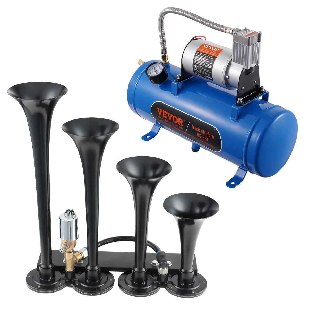 4 Trumpet Air Horn Kit 12V 120 psi Air Compressor 1.6 Gal/6 L Tank with Gauge for Any 12V Vehicle Car Truck Train Van Boat