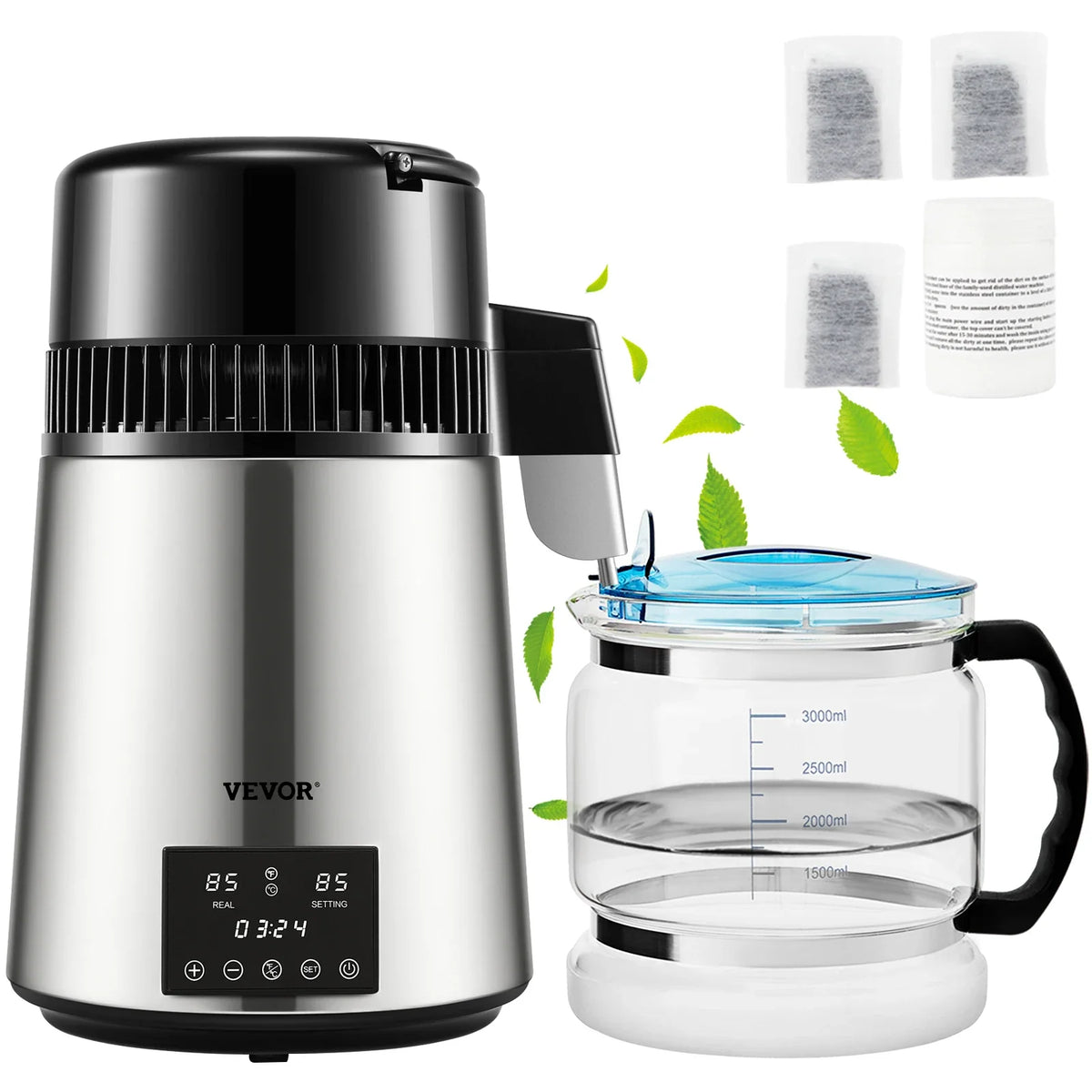 Water Distiller, 1 L/H, 4L Distilled Water Maker w/ 0-99 H Timing, 750W Countertop Water Purifier w/ Dual Temp Display