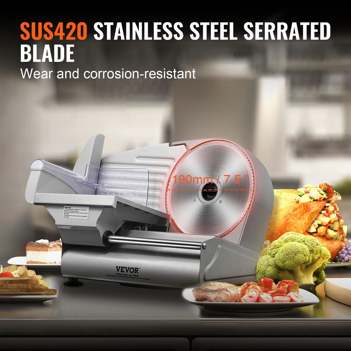Meat Slicer, 180W Electric Deli Food Slicer with 7.5" SUS420 Stainless Steel Blade, 0 - 0.6 inch Adjustable Thickness