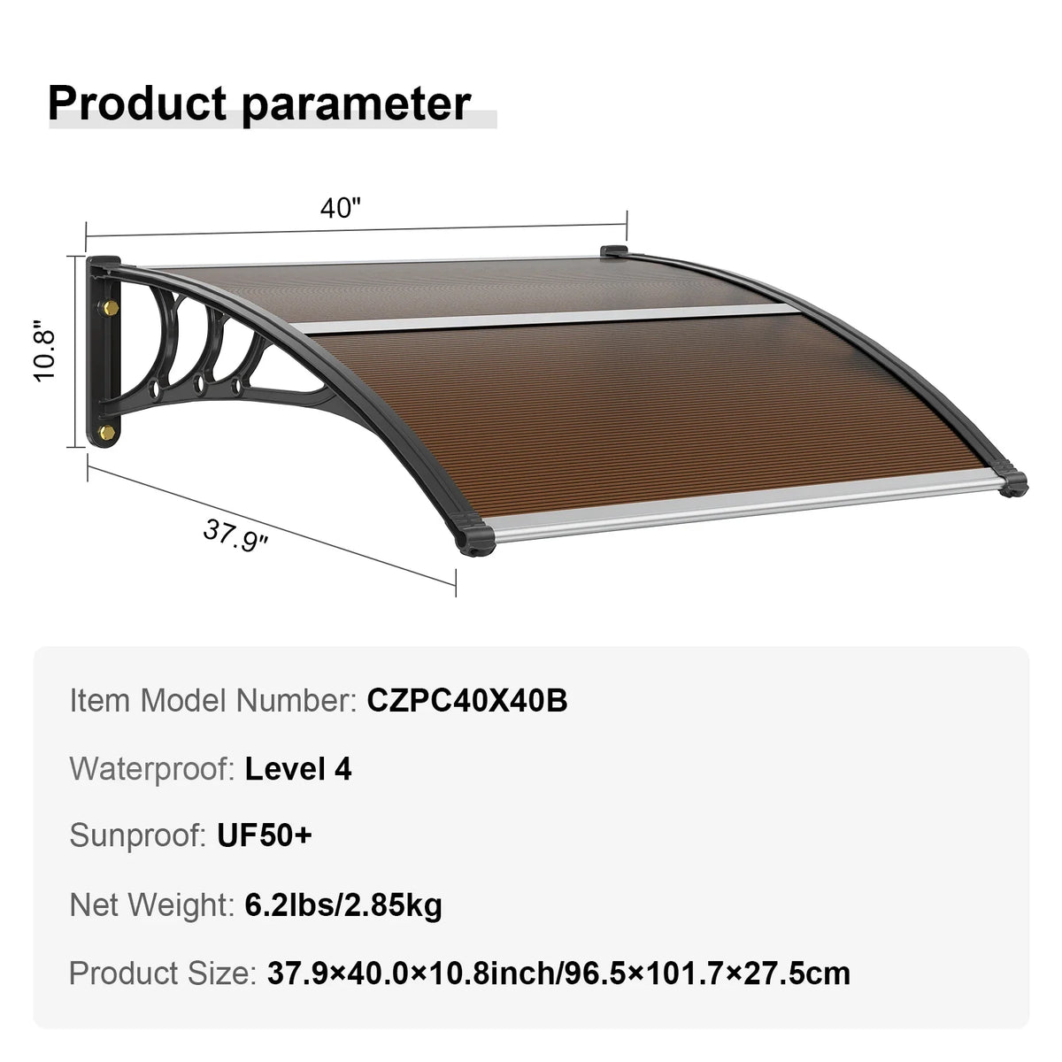Window Door Awning Canopy 3 Sizes UPF 50+ Polycarbonate Entry Window Awning Front Door Overhang Awning for Sun Shutter
