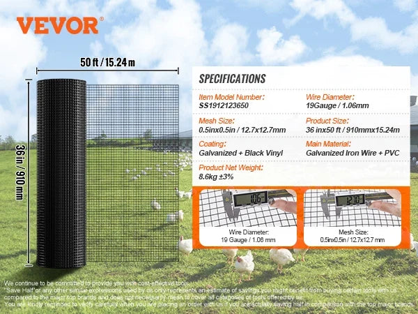 Hardware Cloth Galvanized Wire Mesh Roll Vinyl Coating Metal Wire Mesh for Chicken Coop Barrier Poultry Enclosures Black