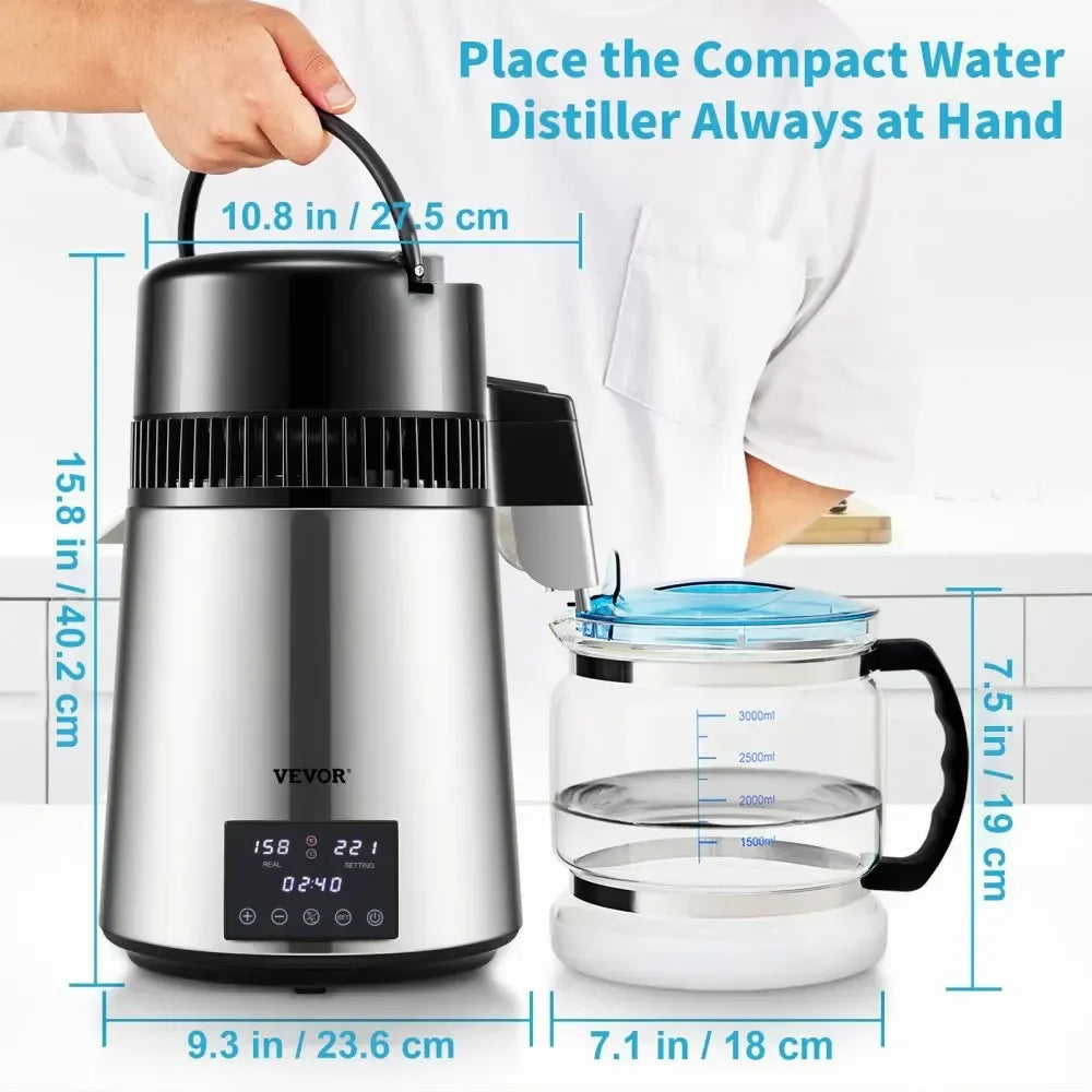 4L Water Distiller Purifier Filter 1.5L/H 1L/H For Drinking Dual Temp Display Stainless Steel Cooler Office Home Use