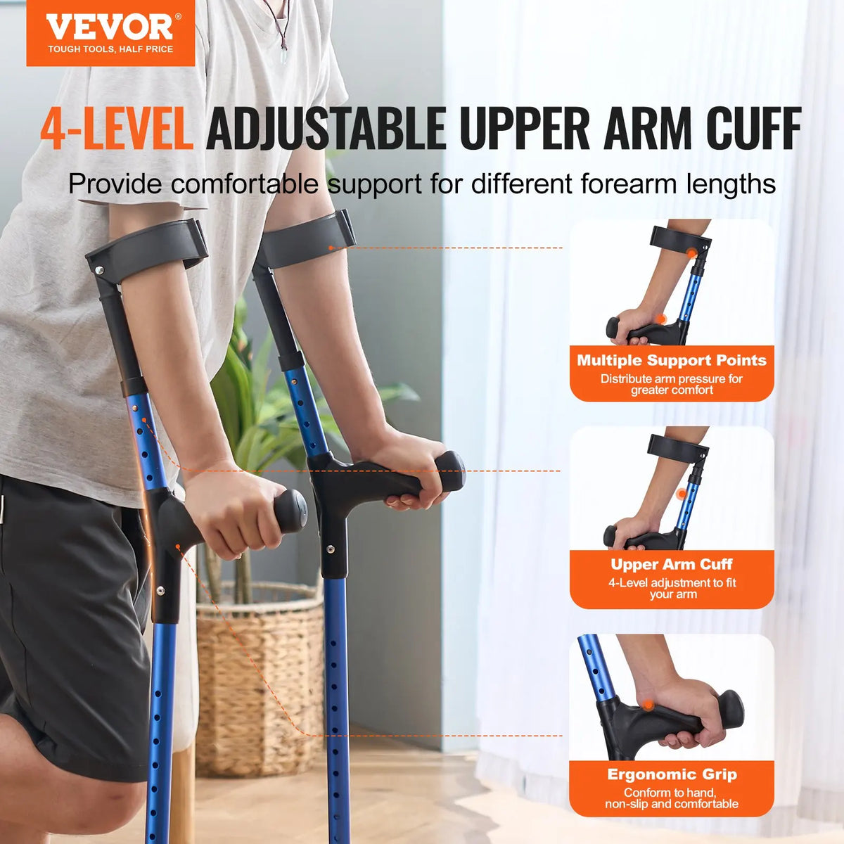 Forearm Crutches for Adults, 10/11Level Height Adjustable Walking Crutches with 4-Level Upper Cuff, Lightweight Aluminum