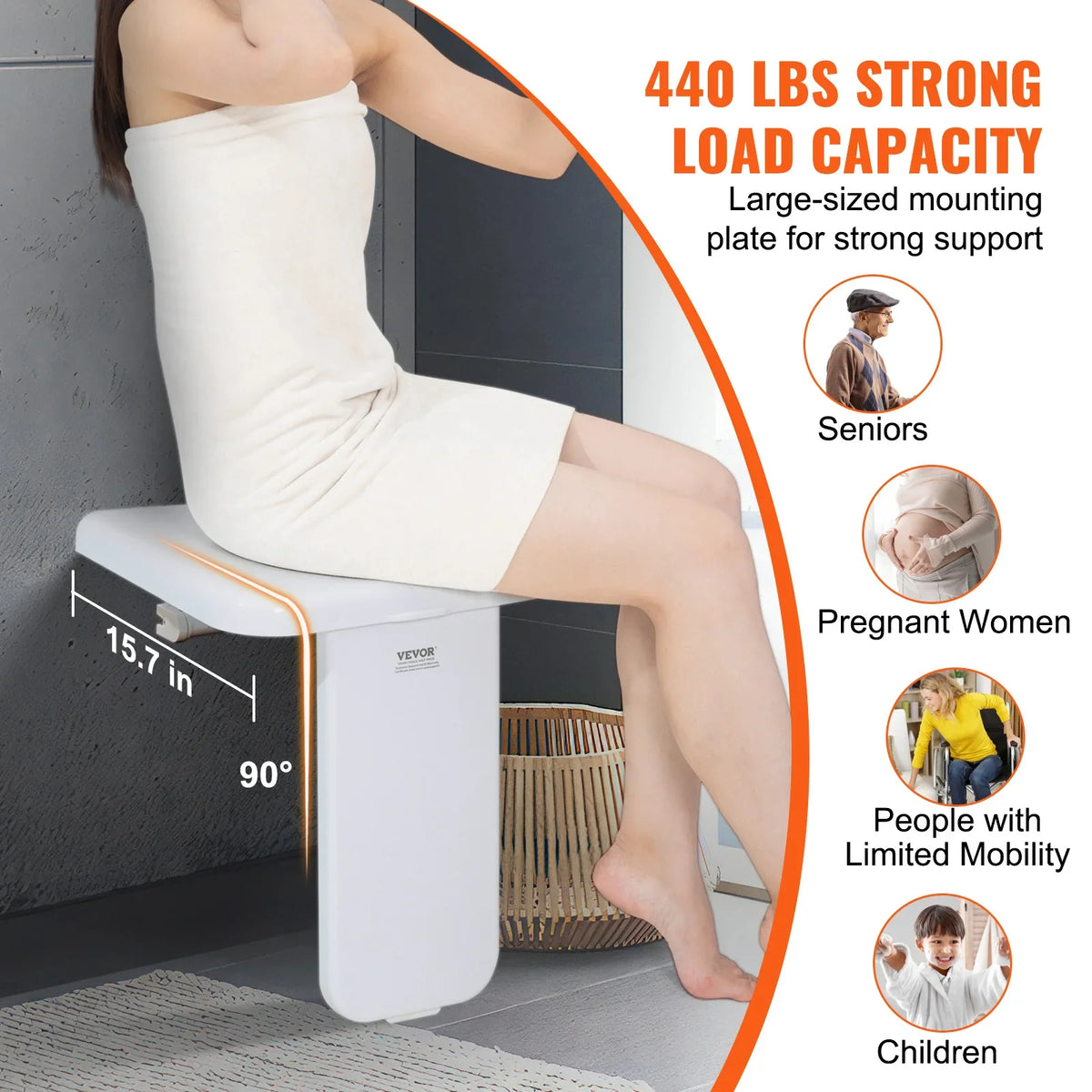 Folding ABS Shower Seat 15.7'' x 16.7'' Unfolded, Wall Mounted Fold Up Shower Bench 440 lbs for Seniors Pregnant Women