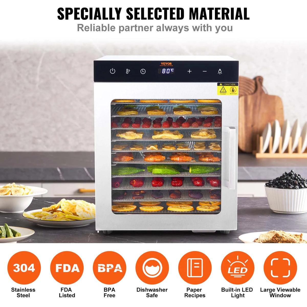 10 Trays Food Dehydrator Stainless Steel Machine 800W/1000W Household Vegetables Fruit Dryer with Digital Timer for Home