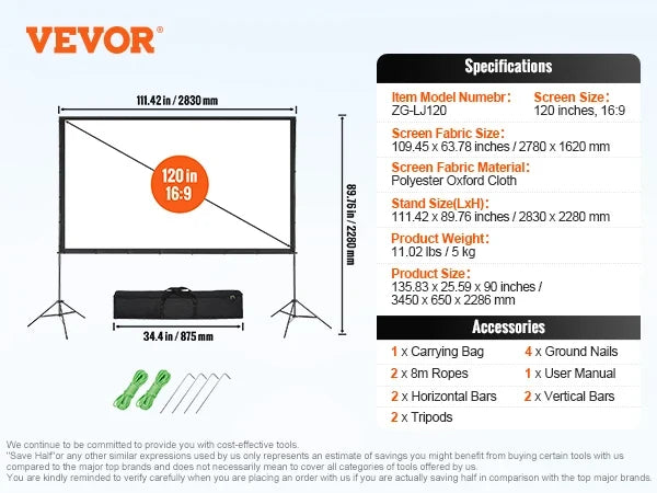 Projector Screen with Stand 120/150 inch 4K 1080 HD Outdoor Movie Screen for Home Theater Cinema Backyard Movie