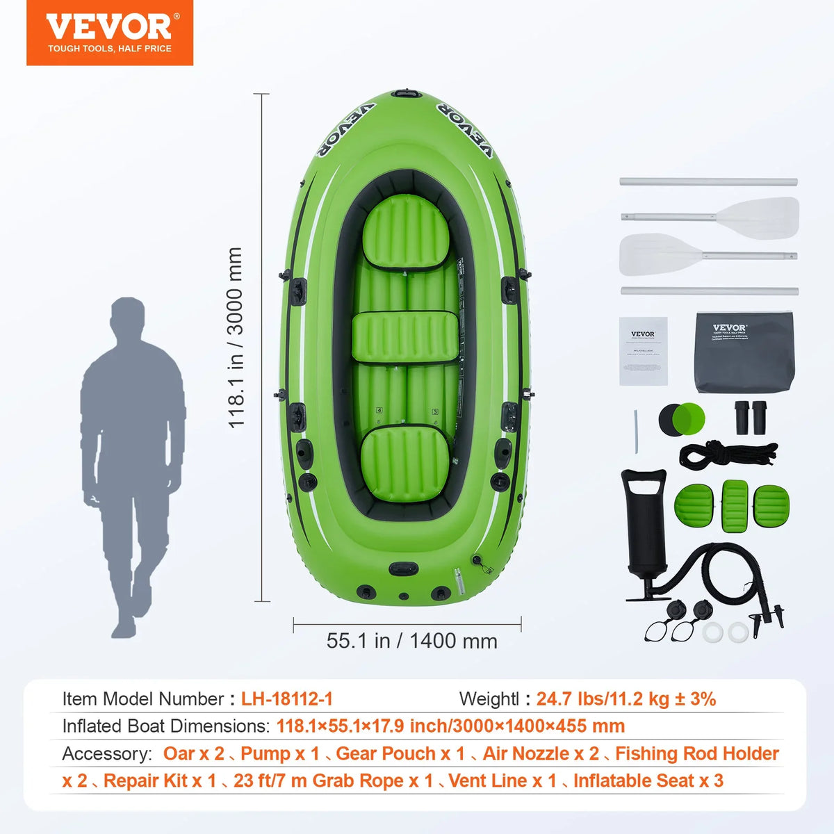 Inflatable Boat 4-Person Inflatable Fishing Boat Strong PVC Portable Boat Raft Kayak 45.6" Aluminum Oars High-Output Pump