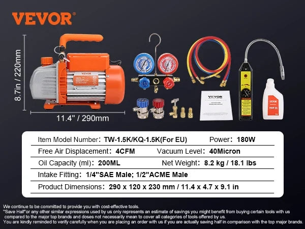1/4HP 4CFM AC Vacuum Pump & Gauge Set,Single Stage Rotary Vane HVAC Air Vacuum Pump A/C Refrigerant Kit Manifold Gauge Set
