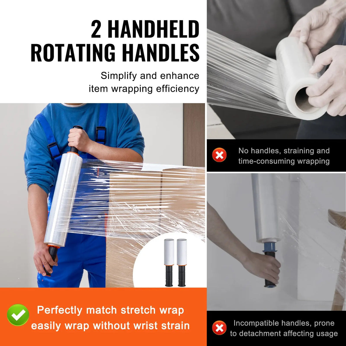Stretch Wrap 15'' x 1000/1200 ft 1-4 Pack, 60/80 Gauge Heavy-Duty Shrink Film with Handles for Pallet Wrapping