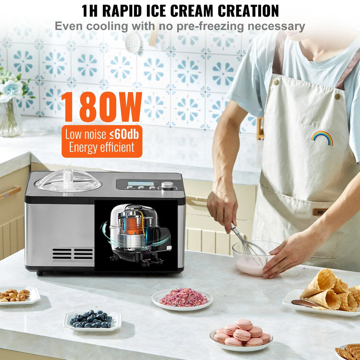 Automatic Ice Cream Maker with Built-in Compressor 2 Quart No Pre-freezing Fruit Yogurt Machine Electric Sorbet Maker