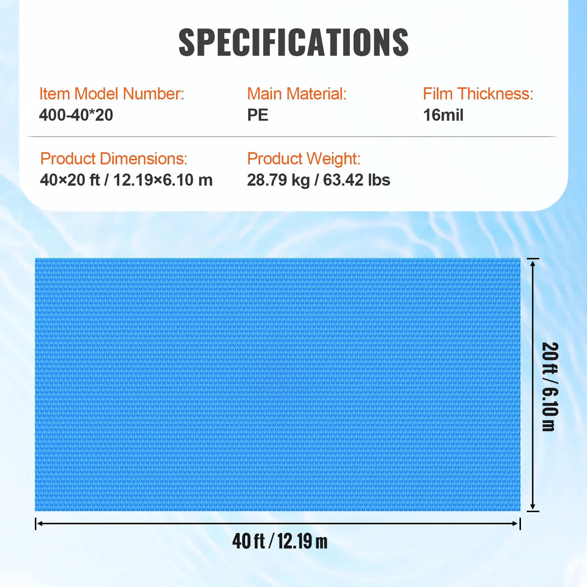 Solar Pool Cover, 40 x 20 ft Rectangle Solar Blanket for Pools, Inground Above Ground Swimming Pool Solar Cover