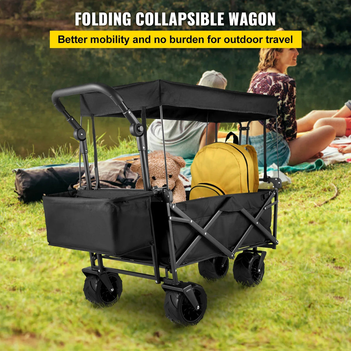Extra Large Collapsible Garden Cart with Removable Canopy,  Wagon Cart for Garden, Camping, Grocery Cart, Shopping Cart