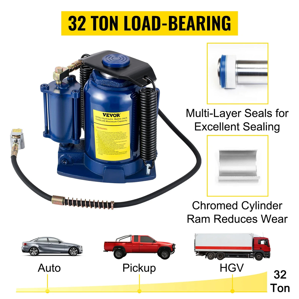 32 Ton/70550lbs Pneumatic Hydraulic Bottle Jack with Manual Hand Pump for Heavy Duty Auto Truck RV Repair Lift
