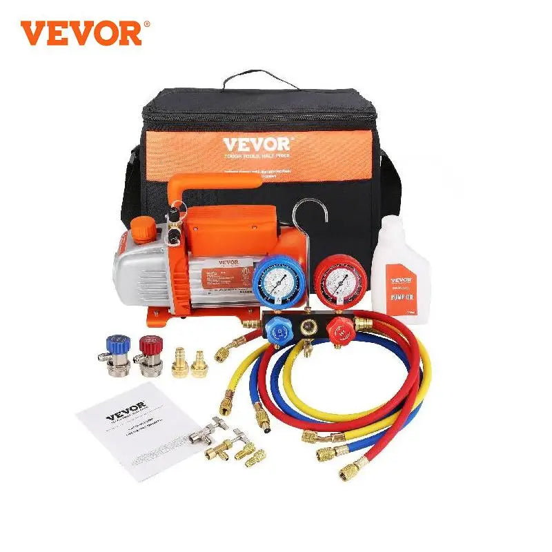 3.5/4CFM Single Stage Rotary Vane HVAC Air AC Vacuum Pump & A/C Refrigerant Kit Manifold Gauge Set for Air Conditioning