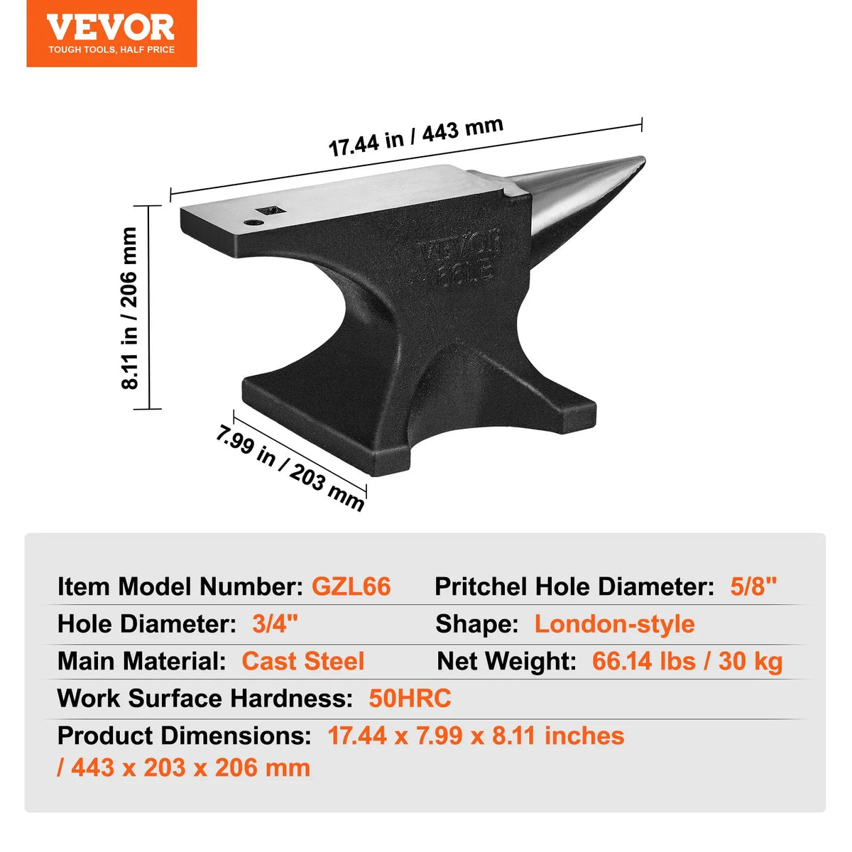 Single Horn Anvil,9/22/66 Lbs Cast Steel Anvil High Hardness Rugged Round Horn Anvil Blacksmith with Round and Square Hole