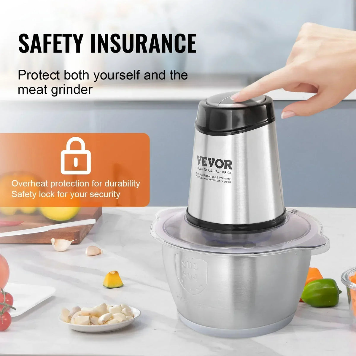 Food Processor Electric Meat Grinder with 4-Wing Stainless Steel Blades Stainless Steel Bowl for Baby Food