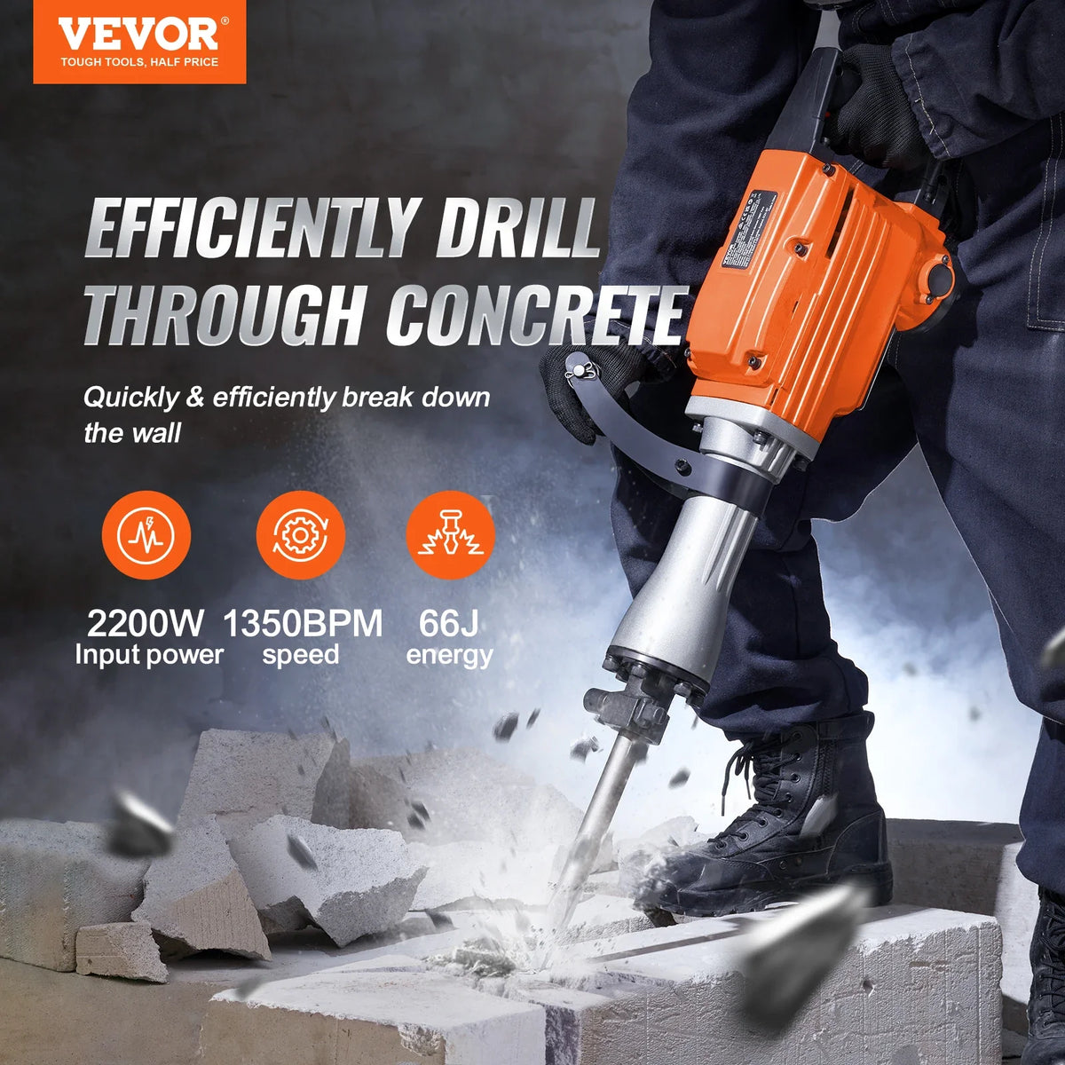 Demolition Jack Hammer, 2200W Electric Jackhammer Heavy Duty, 1350 BPM Concrete Breaker, 2pcs Chisels Bit Chipping