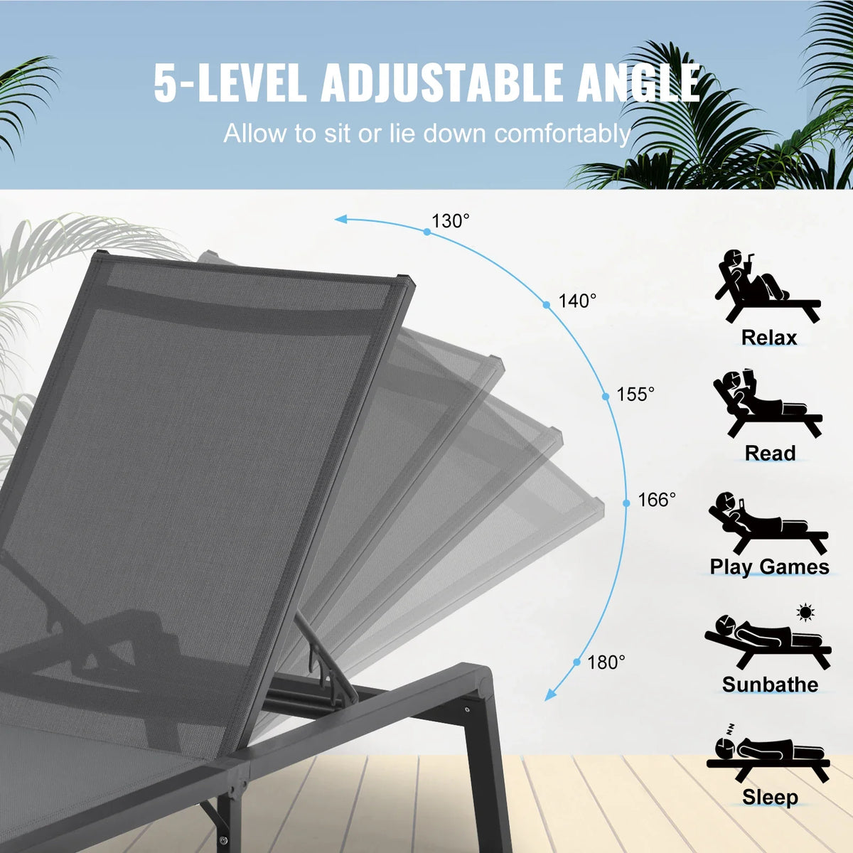 2 pcs Chaise Lounge Chairs Outdoor Aluminum Patio Lounge Chairs with Adjustable 5-Position for Patio, Beach, Pool