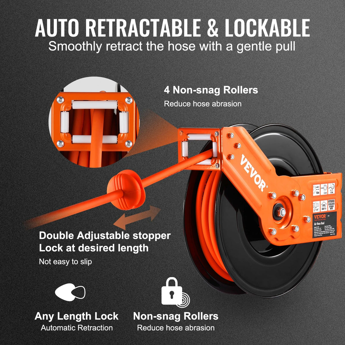 Retractable Air Hose Reel,3/8IN x 50Ft Hybrid Air Hose 300PSI,Air Compressor Hose Reel w/5 ft Lead in,Ceiling/Wall Mount