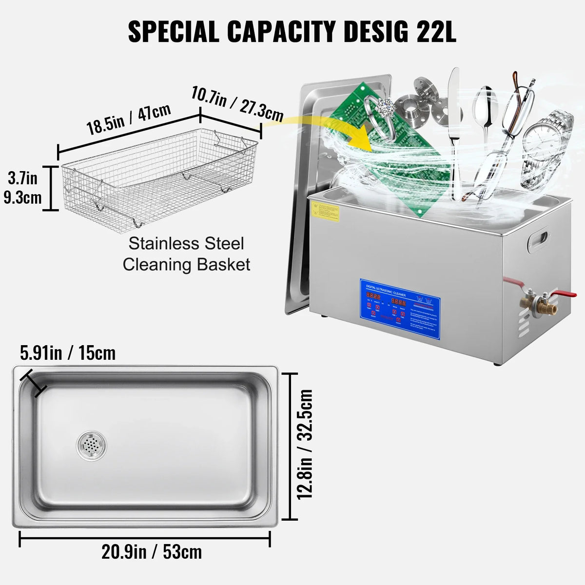 22L Ultrasonic Cleaner Machine Stainless Steel Ultrasonic Cleaning Machine Digital Heater Timer Jewelry Cleaning for Home