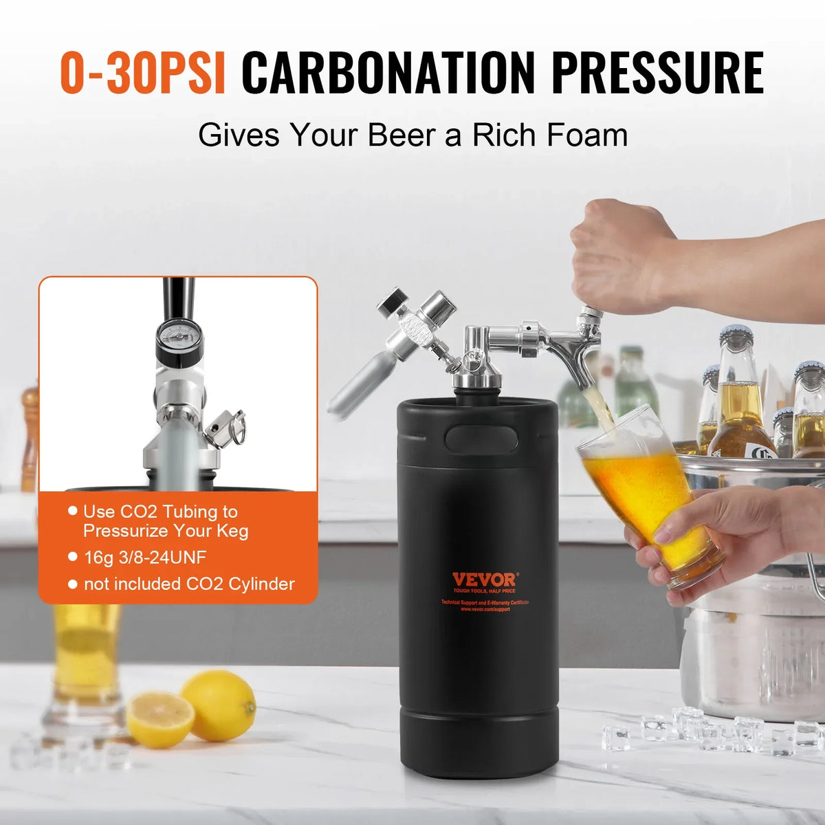 Beer Growler Tap System 304 Stainless Steel Pressurized Keg Growler with Pressure Display For Draft Homebrew Craft Beer