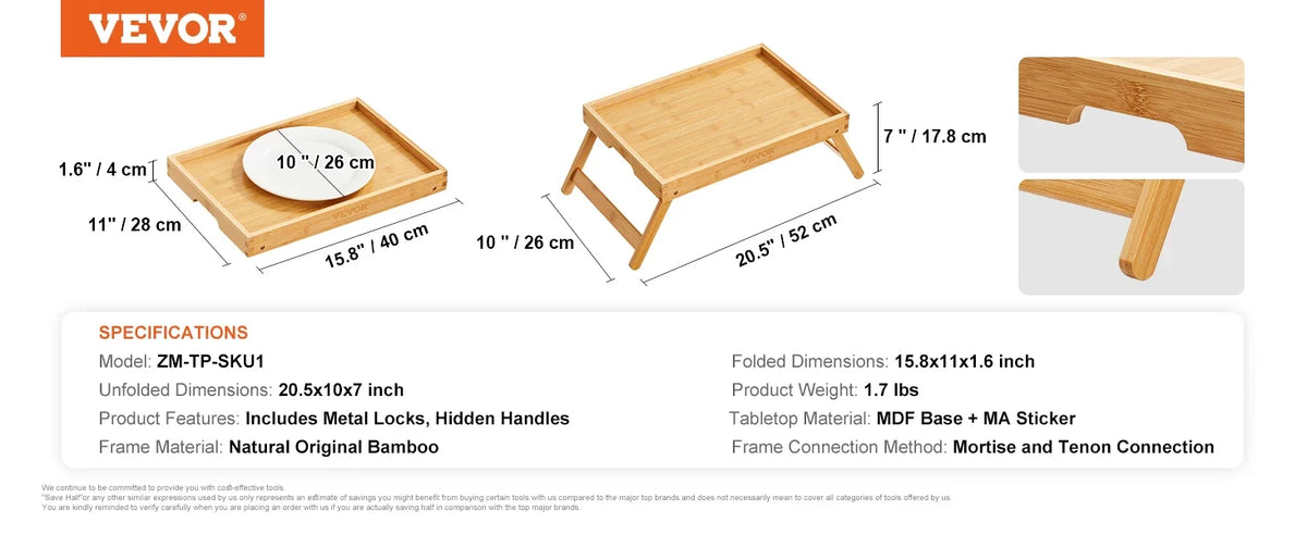 Bamboo Bed Tray Laptop Table with Foldable Legs,Mini Stand Lap Desk/Table,Multifunction Snack/Breakfast Tray Bed Table