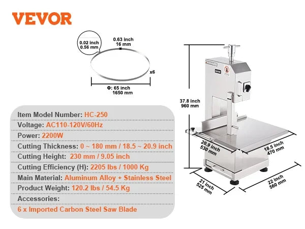 Commercial Electric Meat Bandsaw,2200W Stainless Steel Countertop Bone Sawing Machine,0-7.1 Inch Cutting Thickness,for Rib