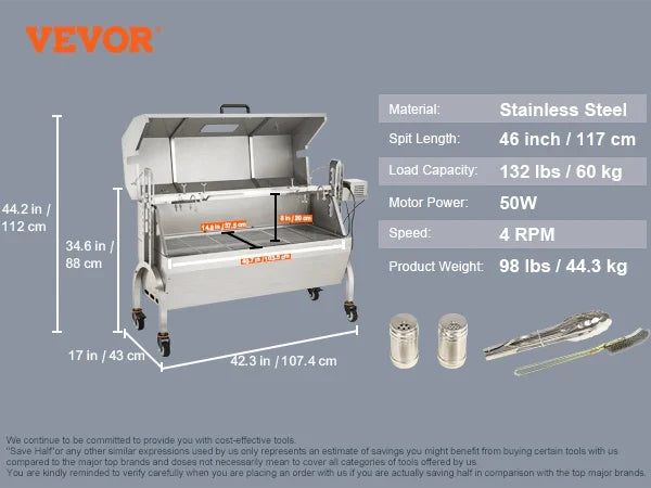 Stainless Steel Rotisserie Grill w/Hooded Cover,BBQ Whole Pig Lamb Charcoal Spit Grill,50W Motor BBQ Hog Rotisserie Roaste