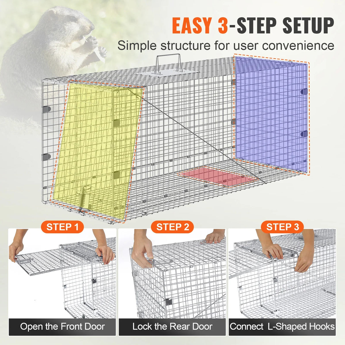 24/31/42/50in Live Animal Cage Trap Folding Humane Cat Trap Galvanized Iron with Handle for Rabbits Squirrels Groundhogs
