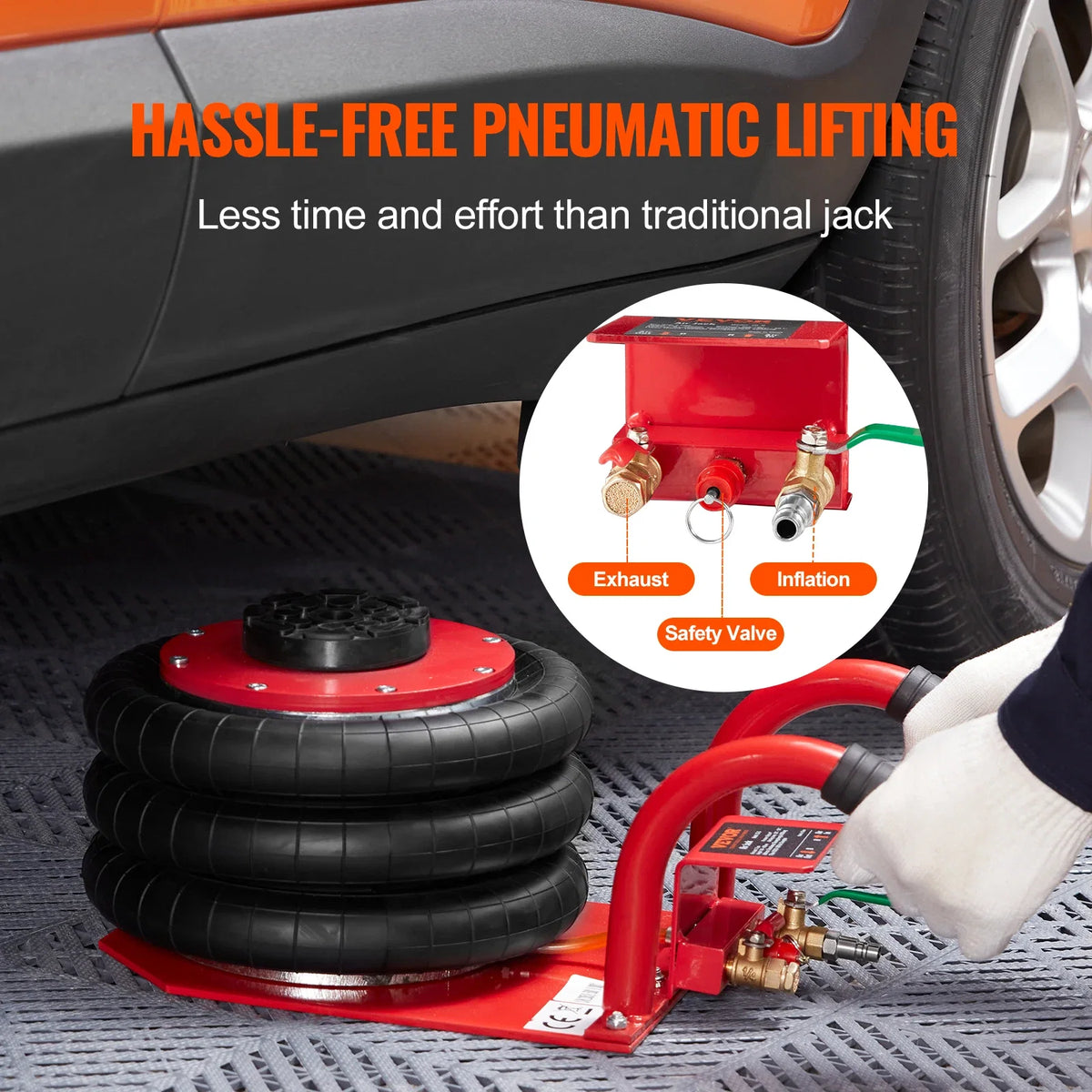 Air Jack 3 Ton/6600 lbs Triple Bag Air Jack Lift up to 17.7 inch/450 mm with Side Handles for Car, Garage, Repair