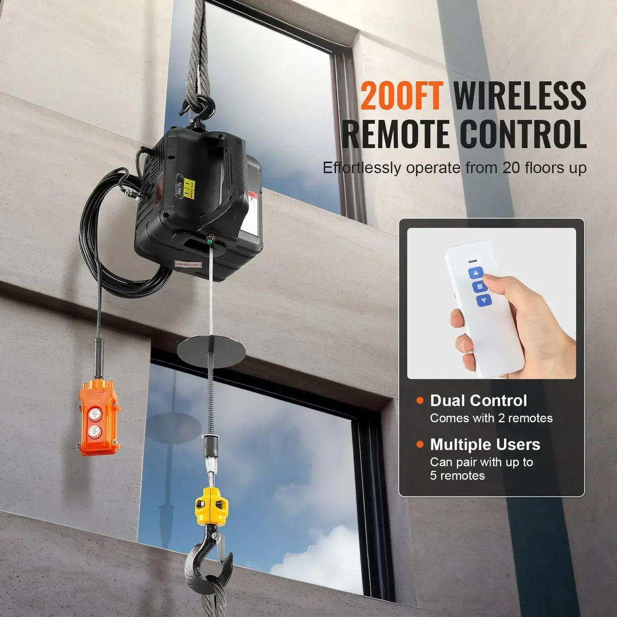 1100lbs 1500W Electric Hoist Winch 3-in-1 Portable Power Winch Crane with Wireless Remote Control for Overload Protection