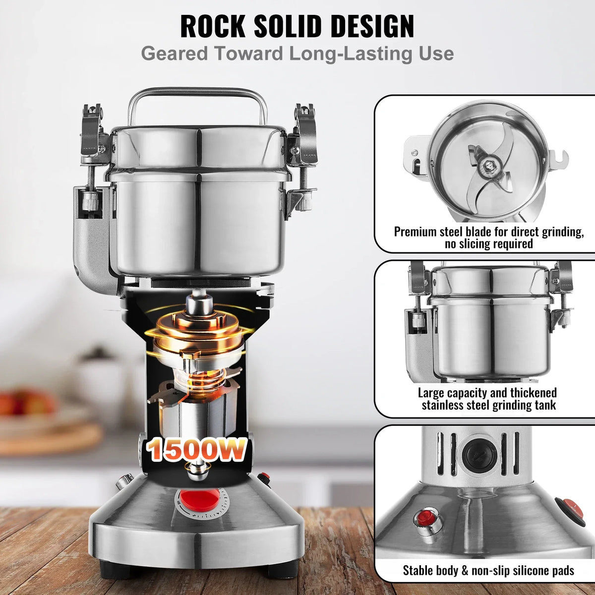 300g Electric Grain Mill Grinder, High Speed 1500W Commercial Spice Grinders, Stainless Steel Pulverizer Powder Machine