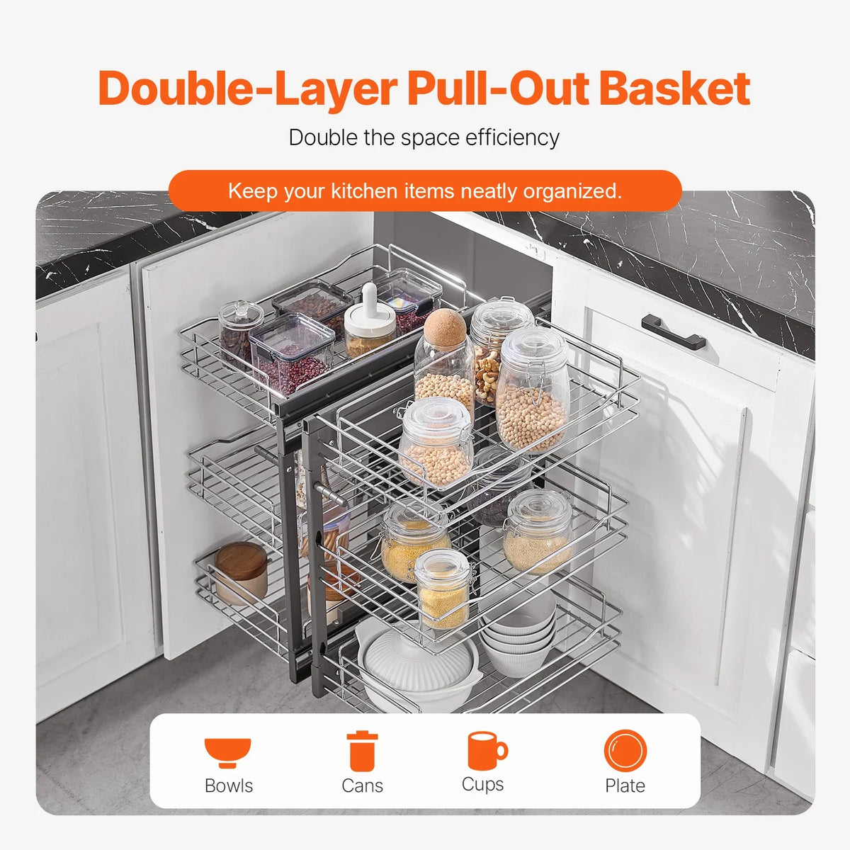 15"W Opening Blind Corner Pull Out Organizer, 3 Tier 6 Shelf Kitchen Cabinet Organizer, Chrome Carbon Steel Storage Basket