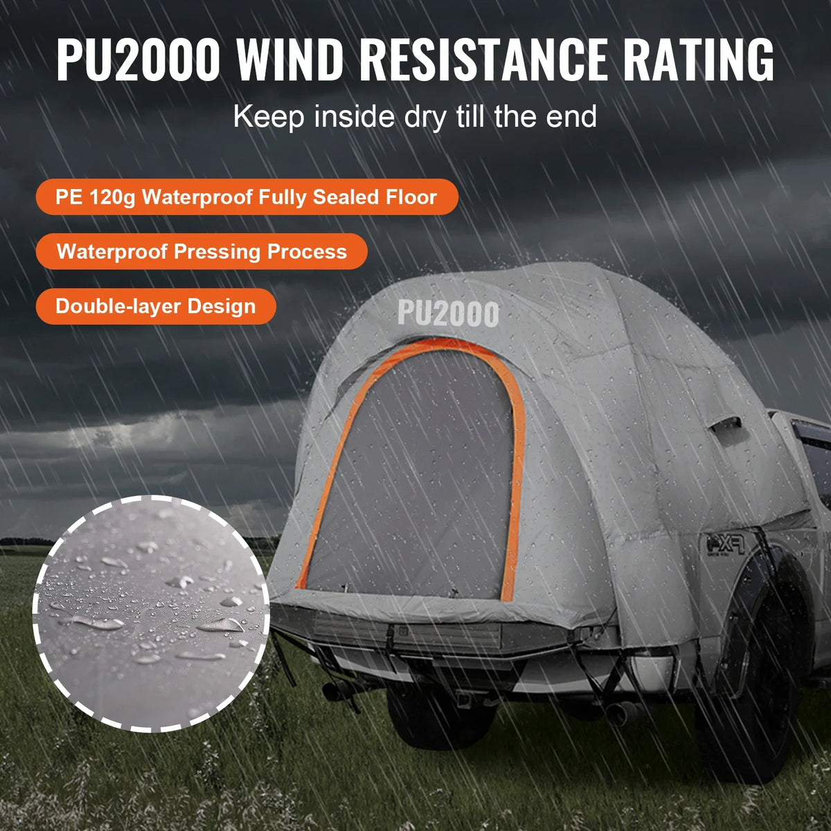 Truck Bed Tent 5.5'-6' Pickup Truck Tent with Rain Layer and Carry Bag Waterproof PU Double Layer Truck Tent for Camping