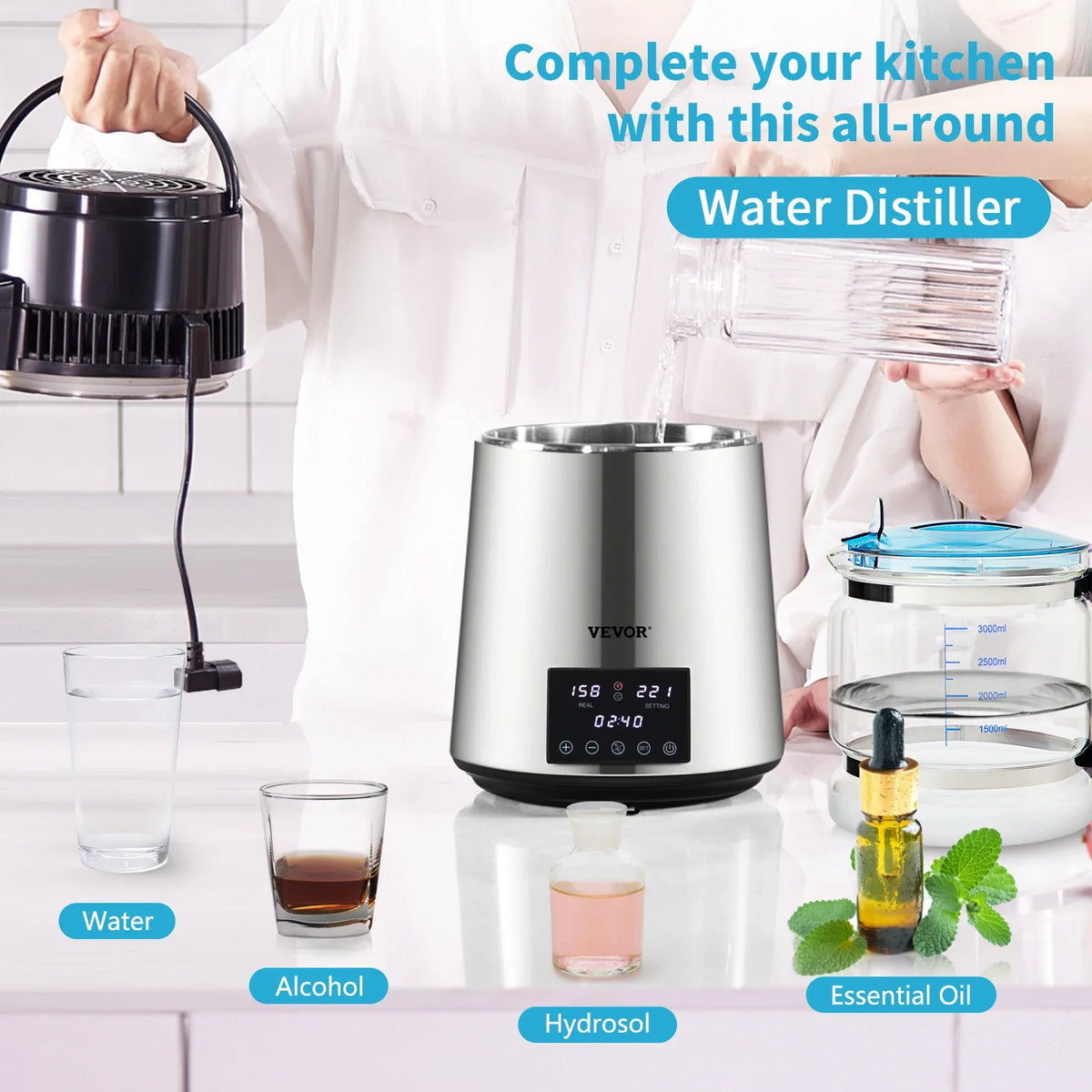 1.5L/H Distilling Speed 4L Water Distiller Treatmen Purifier Filter Timing Dual Temp Display 304 Stainless Home Appliance